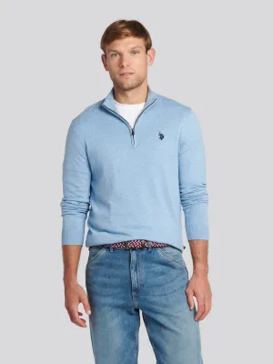 Mens Cotton Funnel Neck 1/4 Zip Knit in Parisian Blue Marl